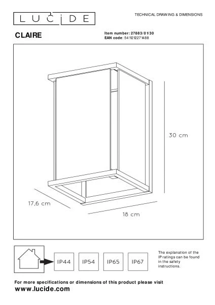 Lucide CLAIRE - Wall light Indoor/Outdoor - 1xE27 - IP54 - Anthracite - technical